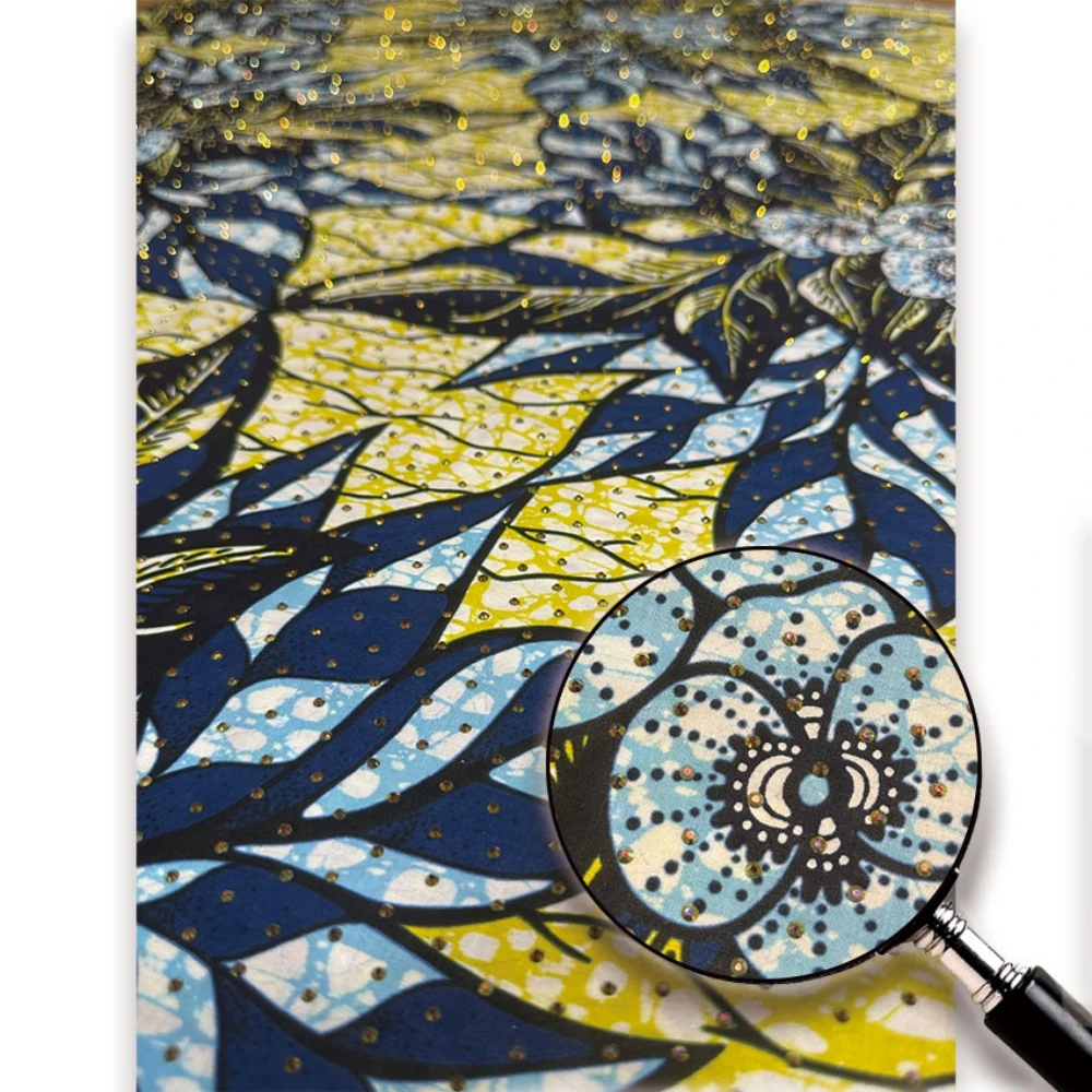 

2025 африканская восковая ткань со стразами и принтом, высокое качество, полная восковая ткань Pagne со стразами, 6 ярдов для платья Y5-717-4