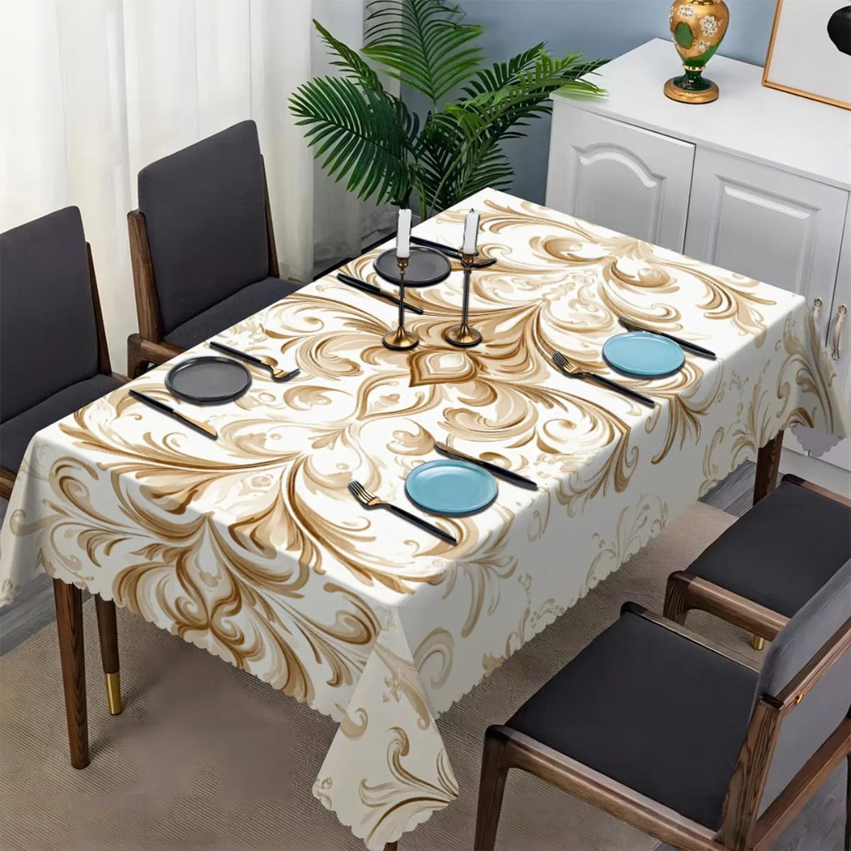 Elegant Damask Floral Tablecloth, White with Gold Swirl Pattern, Scalloped Edge, Stain Resistant, for Dining Room & Formal Decor