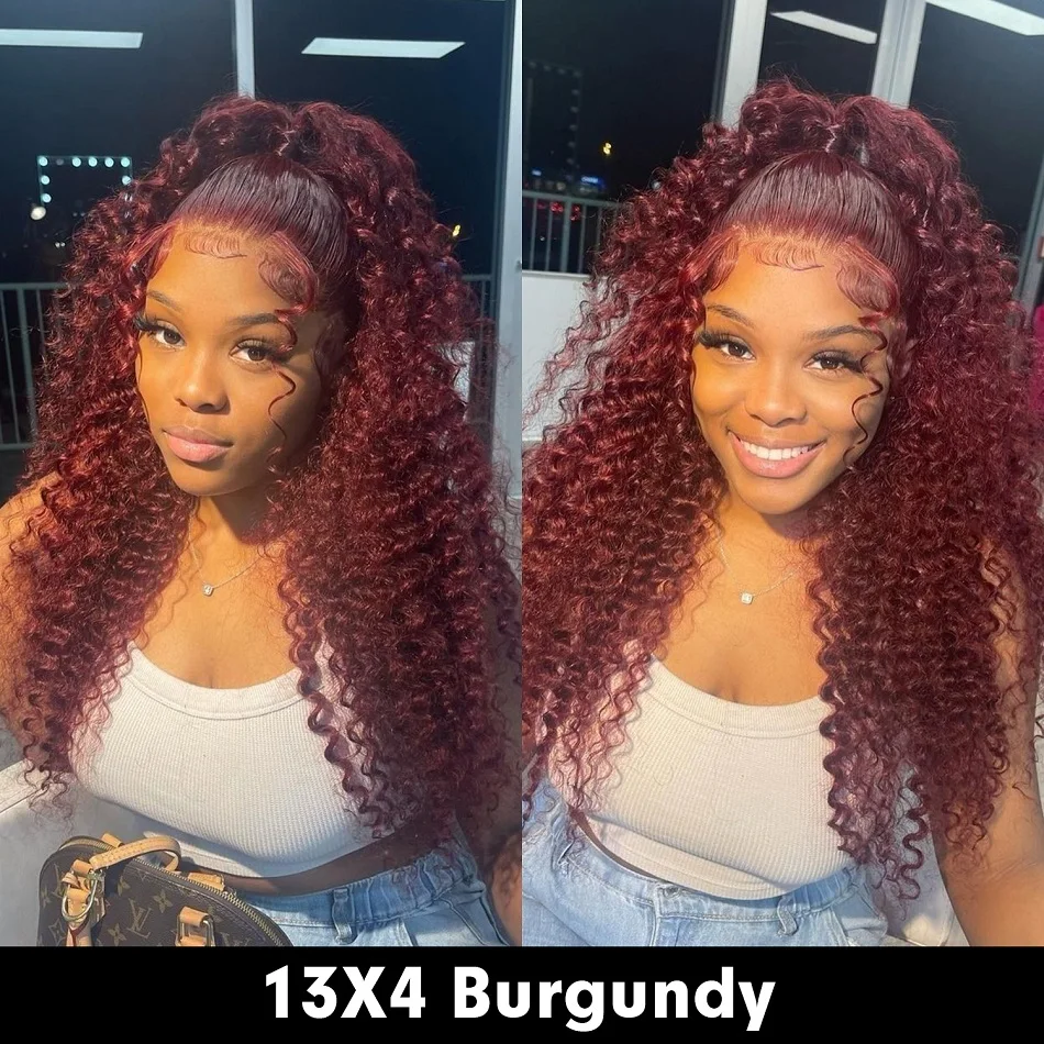 Burgundy 13x4 Transparent Lace Frontal Wig Human Hair Wigs Deep Wave Human Hair Wig 99J Brazilian Human Hair Wigs