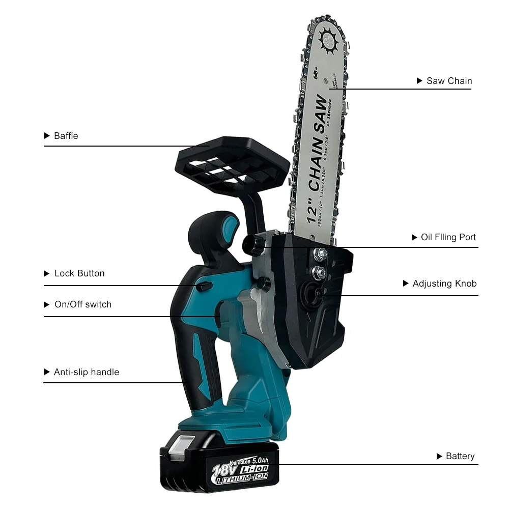 Kamolee 12 Inch Brushless Electric Chainsaw Cordless Lubricating Oil Chainsaw Lithium battery Wood Cutter Woodwork Garden Tools