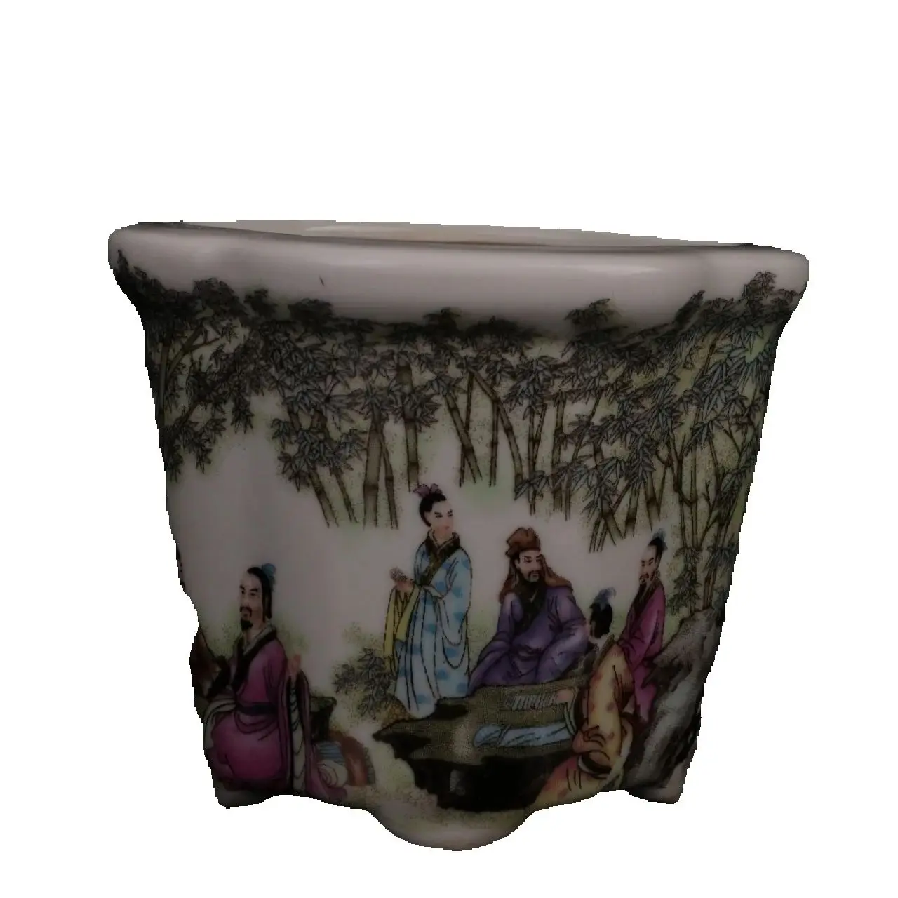 Chinese Old Porcelain,Pink Bamboo Grove Seven Sages Pattern Flat mouthed Flower Pot