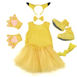 Halloween Party Kids Yellow Pokiimon Pikaqiu Cosplay Costumes with Headwear Gloves Dress Pants Tail Sets Dress Up for Girl Boy