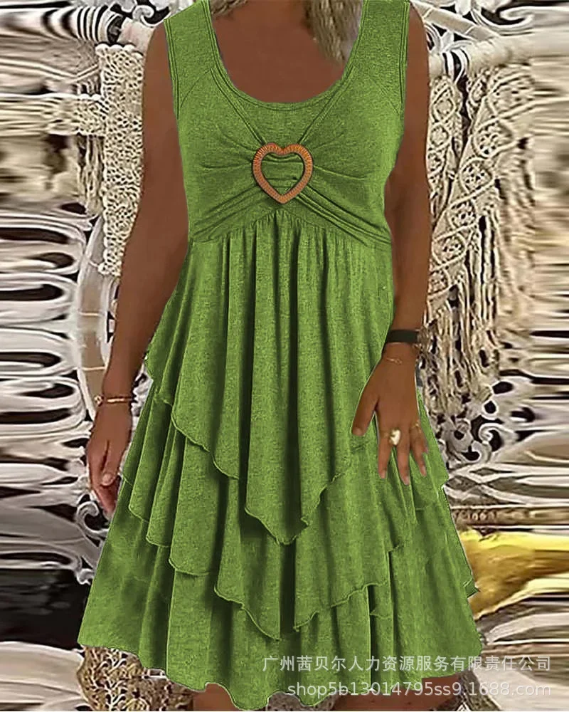 Vestido feminino em camadas sem mangas com decoração de anel de coração, cor sólida, cintura alta, mini vestido sexy com babados