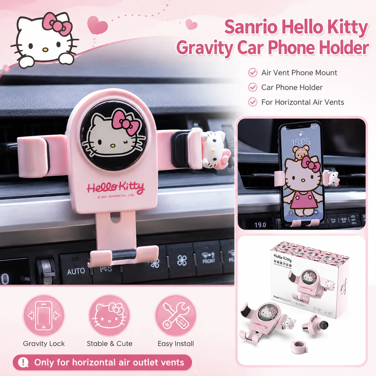 Sanrio Hello Kitty Horizontale Lüftungshalterung fürs Auto, Handyhalterung für Mädchen, Auto-Zubehör, Handyhalterung für Pendler.