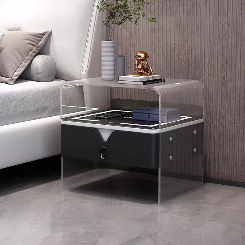 

Новый дизайн, оптовая продажа: Беспроводная зарядка, акриловая белая современная светодиодная умная прикроватная тумбочка для отелей