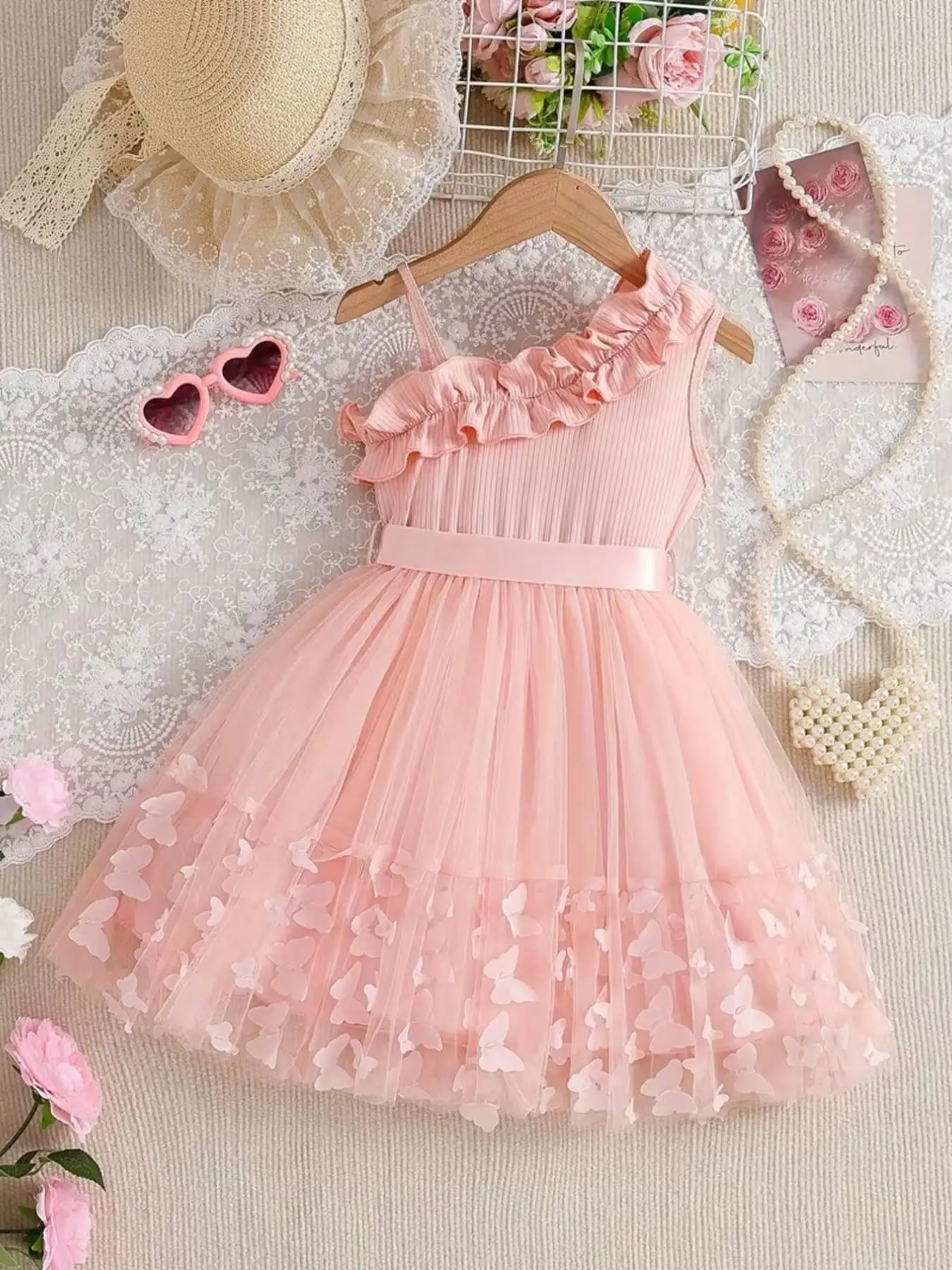 Little Girl Romantic Style Tulle Tutu Dress with Ribbed Bodice Ruffle Neck Waist Bow 3D Butterfly Mesh Skirt for Photoshoot