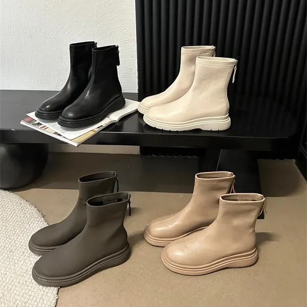 Women's Rubber Boots Zipper White Shoes Boots-Women Round Toe Rain Ankle Med Autumn 2024 Rock Ladies Lolita Microfiber Western H