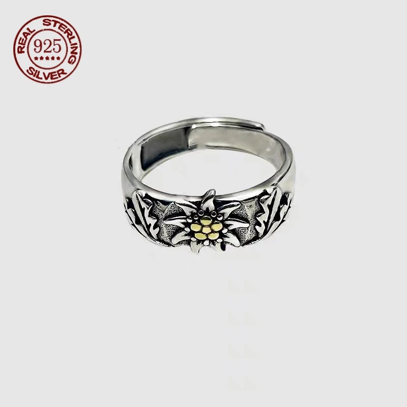 S925 Sterling Silver Style Personalized Open Edelweiss Symbol Retro Ring for Women for Fashion Jewelry Factory Price