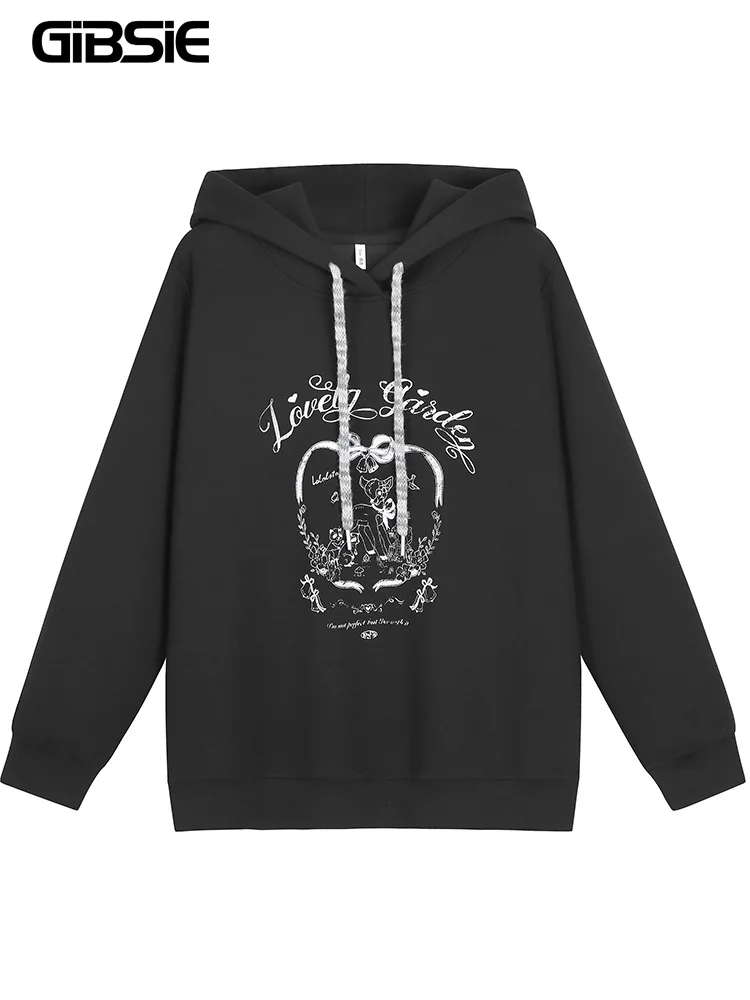 GIBSIE Plus Size Autumn and Winter Drawstring Hooded Long Sleeve Hoodies Women American Retro Black Loose Print Top Sweatshirts