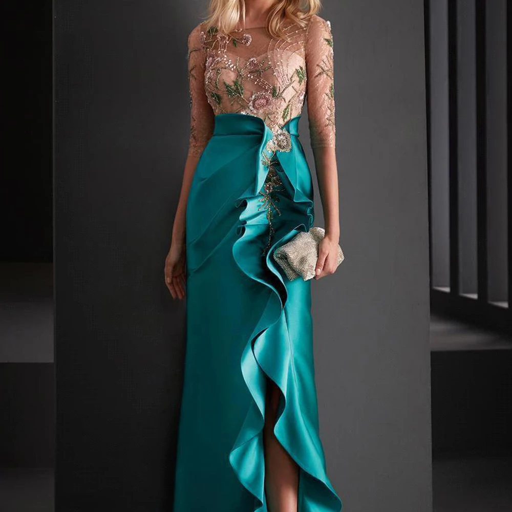 Elegant Women Illusion Evening Party Dresses 2023 Half Sleeves Jade Satin High Split Ruffles Wedding Prom Gowns Formal Vestidos