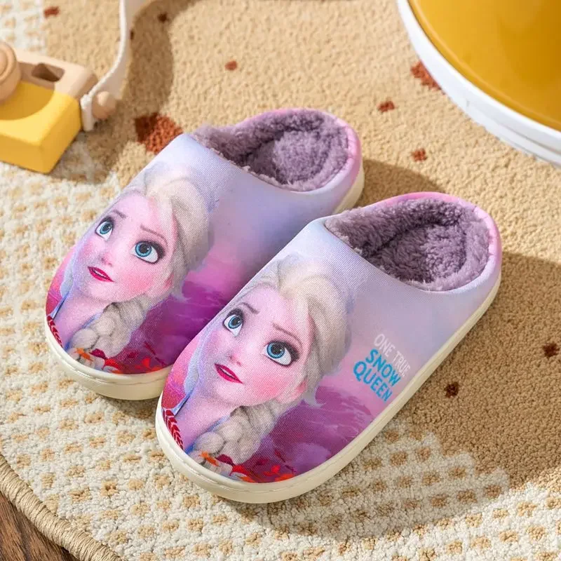 Pantoufles en coton de dessin animé Disney pour filles, pantoufles d'intérieur à semelle souple Elsa, pantoufles Anna pour petites filles, automne et hiver