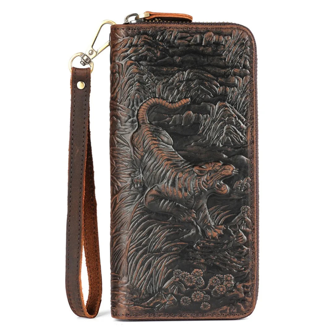 

1180, мужской длинный винтажный противоугонный кошелек из натуральной кожи с прессованным драконом и тигровым узором Crazy Horse