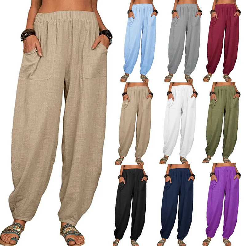 Women Harem Pants Summer Casual Vintage Cotton Linen Pants Elastic Waist Wide Leg Retro Loose Pockets Female Mom Trousers S-5XL