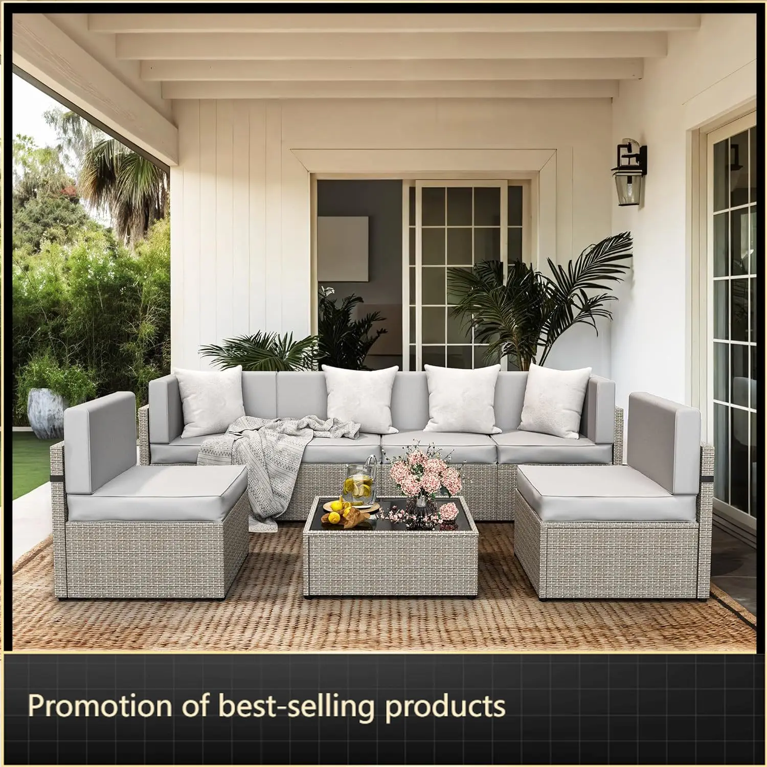 

7 Piece Outdoor Sectional Furniture Set, All-Weather Wicker Patio Furniture with Washable Cushions, Waterproof Gray Rattan