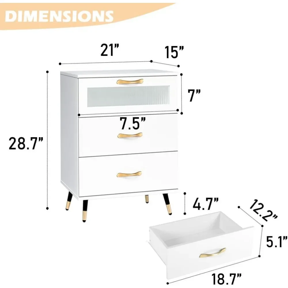 Nightstands Set of 2 3 Drawer Bedside Table with Glass Door for Bedroom Wood Nightstand