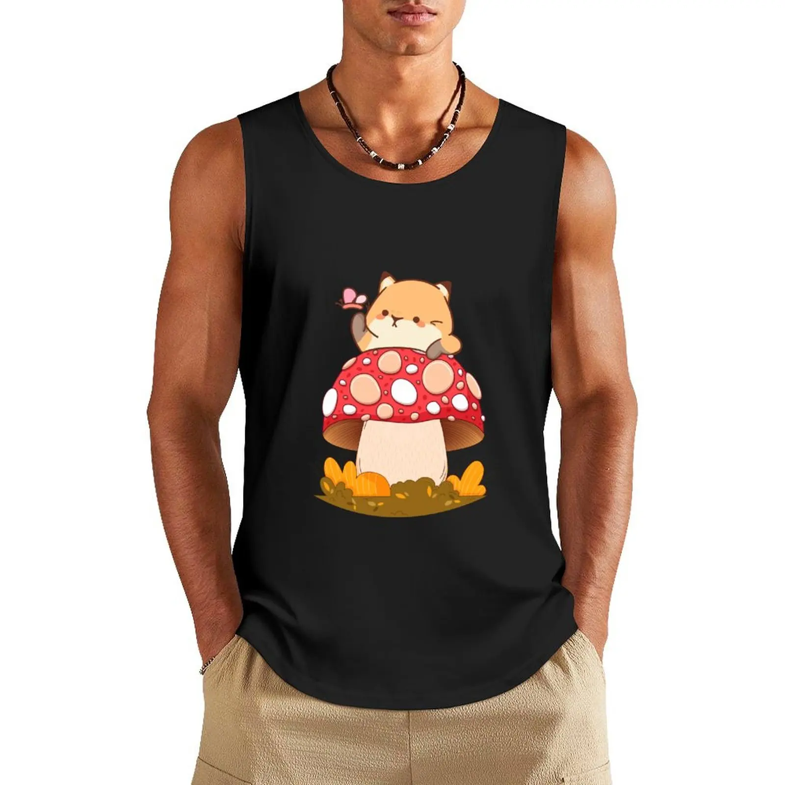 Cute Mushroom Cat - Kawaii Kitten & Pet-Loving Shroom Tank Top sleeveless vest men Japanese t-shirt