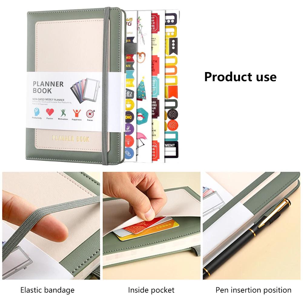 PU Capa de Couro Notebook para Homens e Mulheres, A5 Planejador, Bolso Interno, Bloco de Notas do Escritório, Semanal, Mensal, Diário, Memorando, Student Writing