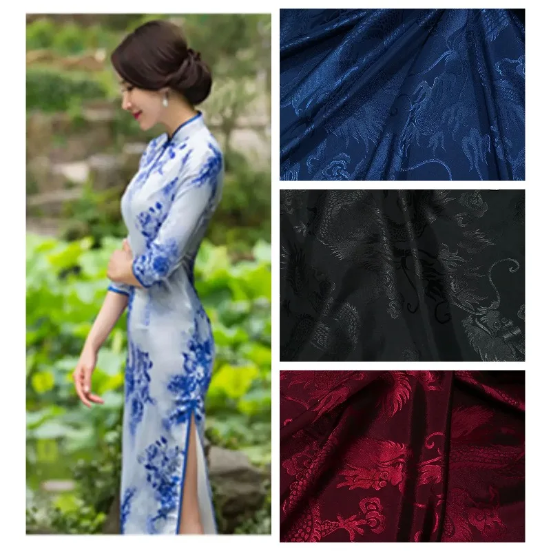 Dragon Pattern Satin Jacquard Fabric By The Meter for Clothing Hanfu Cheongsam Pajamas Dress Sheets DIY Sewing Cloth Soft Black
