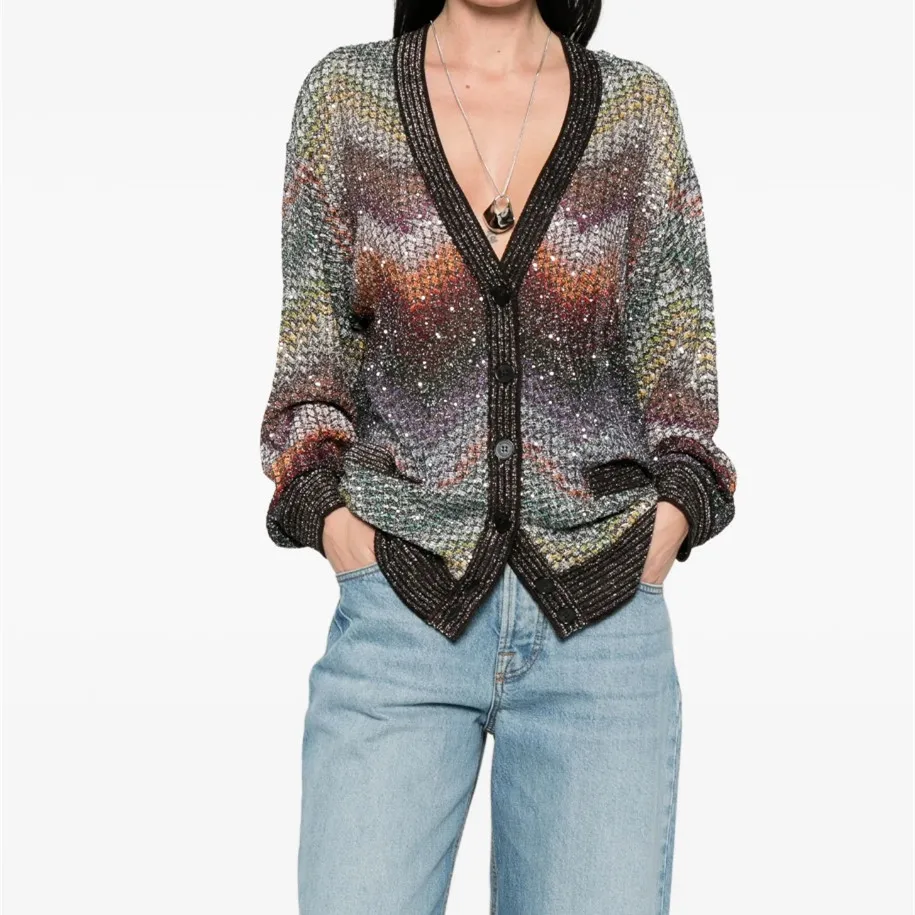 2026 New Women Single Breasted Metallic Gradient Striped V-Neck Sequined Knitted Cardigan Coat for Women Coat