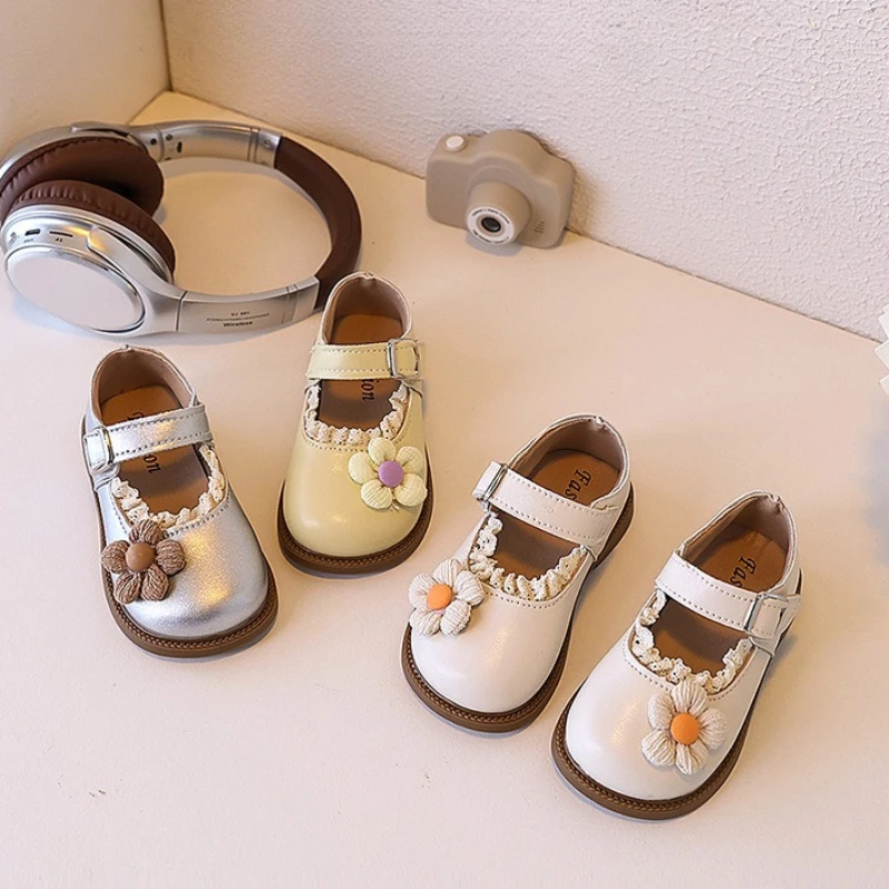 

Fashion Girls Elegant Leather Shoes Spring Autumn Sweet Lace Causal Flower Kids Wedding Party Shoes Children Princess Flat Shoes