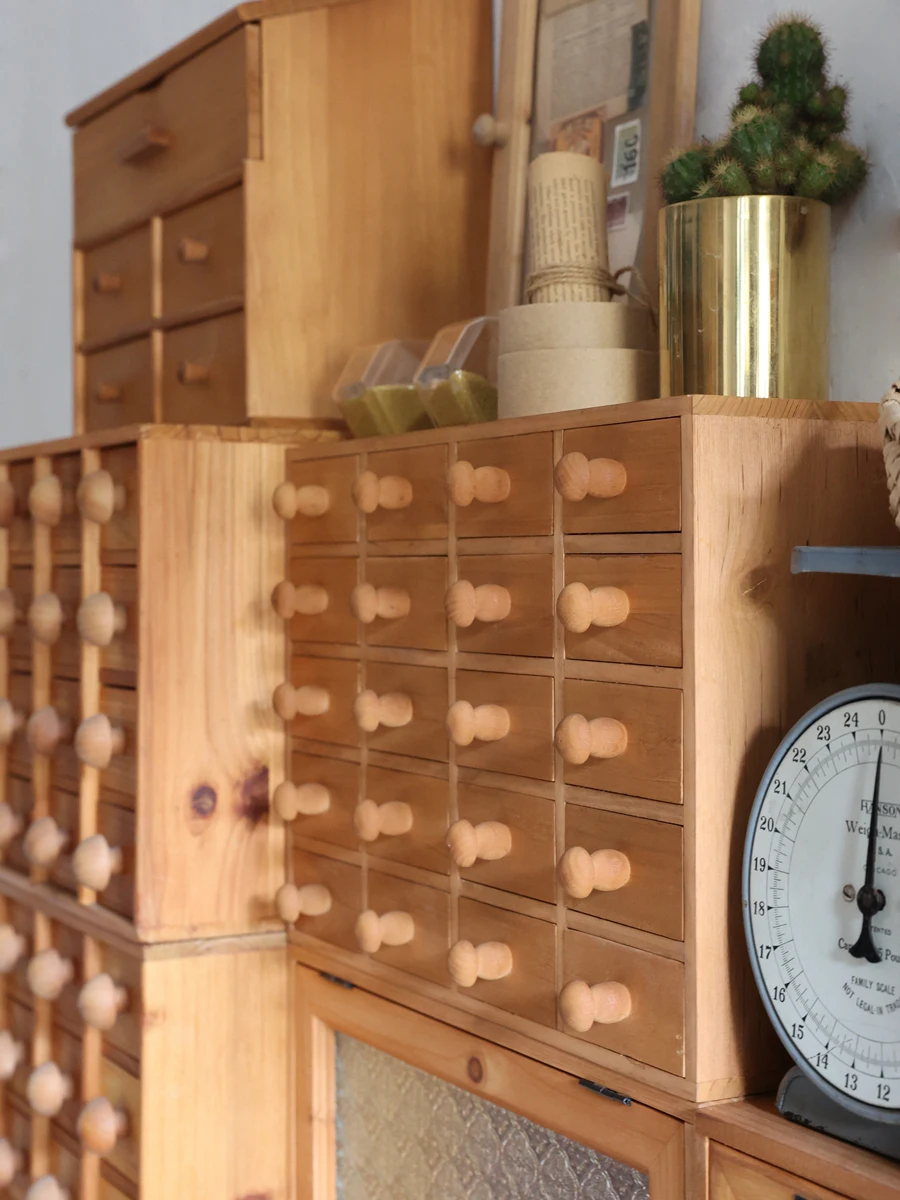 Wooden Storage Cabinet with Mushroom Knob Drawers Retro Zakka Desktop Organization