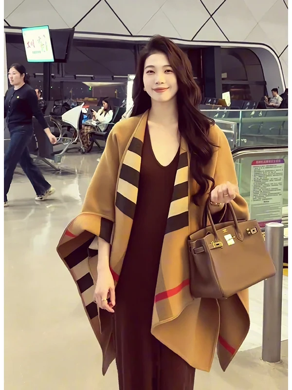 Double-Sided Woolen Plaid Shawl Women's Coat Cowl Neck Wrap Fashionable Versatile High-End Autumn Winter Outerwear