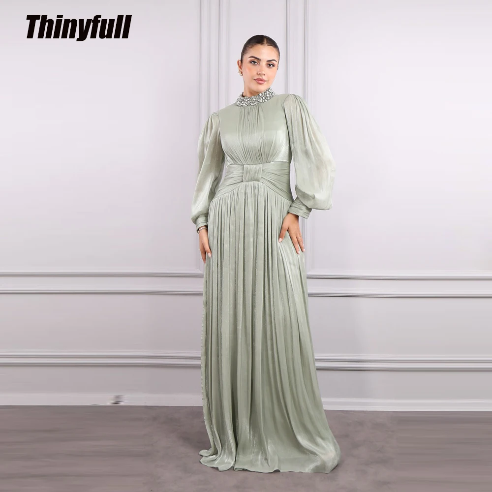 

Thinyfull A-line Arab Prom Dresses Full Sleeves Half High Neck Crystal Evening Gown Long Dress robes de soirée Customized