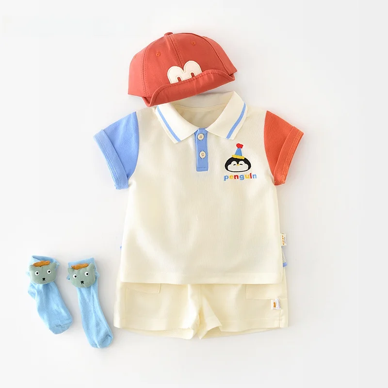 ベビー男の子夏服薄手半袖ツーピースセット韓国風スポーツウェア綿ポリエステル混紡カジュアルウェア幼児向け