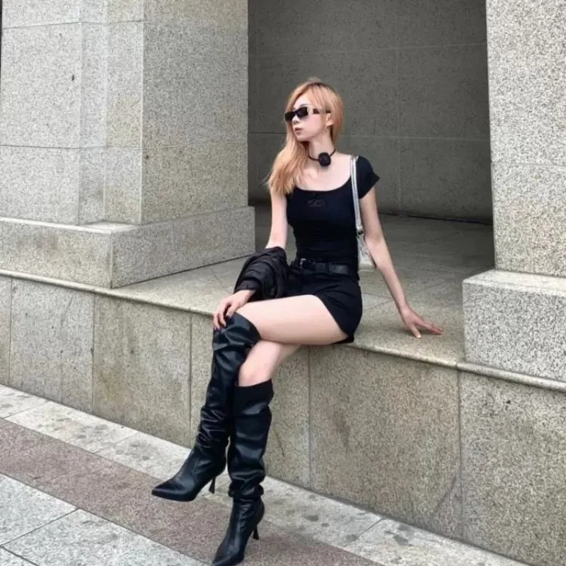 New Women's Shoes Fashion Pointed Tip High Heeled Boots for Woman Exquisite Pleated Slouchy Boots Designer Shoes Botas Feminina