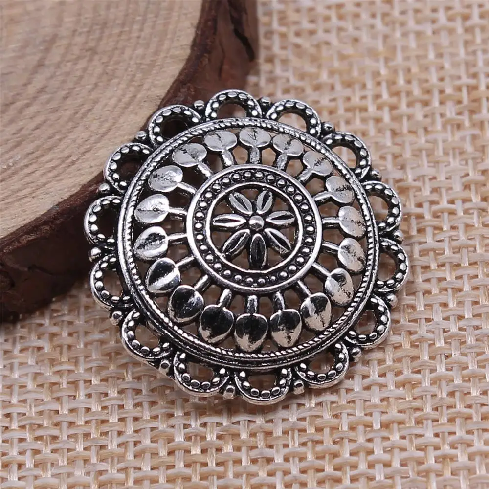 Wholesale 60pcs/bag 27x27mm Antique Silver Color Round Hollow Flower Charms For Jewelry Making DIY Jewelry Findings