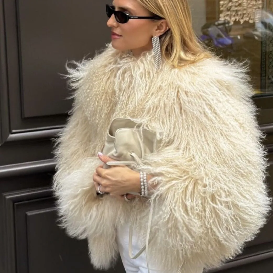 2025 Winter Fashion Brown Faux Fur Coat Women Chic Autumn Warm Fluffy Sheep Fur Jacket Big Fur Collar Overcoat