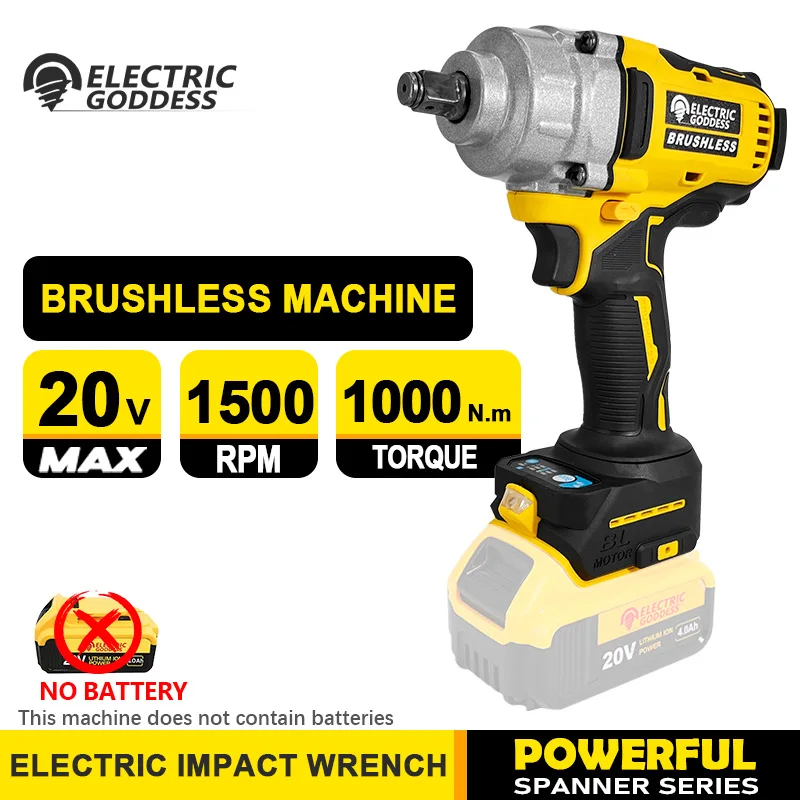 

Electric Goddess 1000N.M High Torque Brushless Motor Electric Impact Wrench Cordless Power Tool For Dewalt 20V Battery