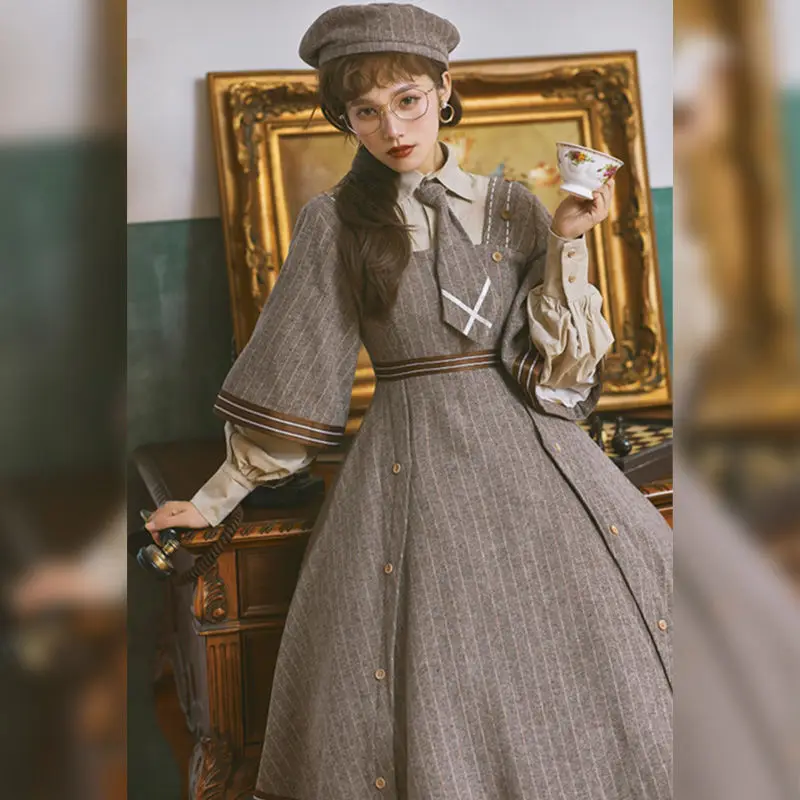 Coalfell Autumn and Winter Military Style Temperament Vintage Detective Woolen Dress with Tie Lolita 2023 New Edition