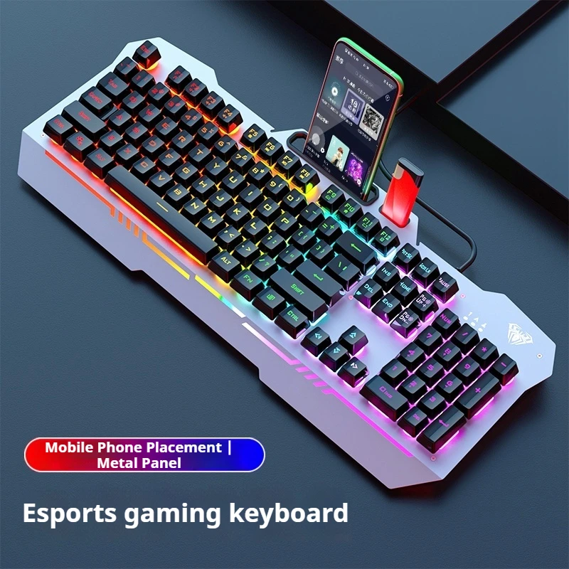 Teclado con cable F3010 RGB, soporte ergonómico de plástico Abs para teléfono, Panel de Metal, doble Color, táctil moldeado por inyección, suave y sedoso, CSGO