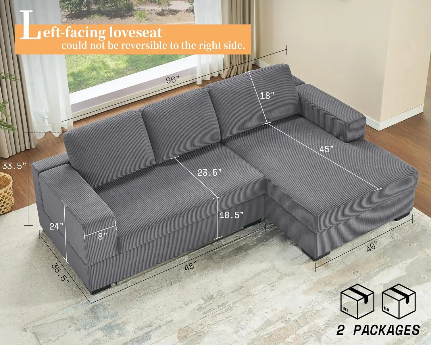 96 inch oversized segmented sofa, modern, comfortable, right side, corduroy sofa, gray