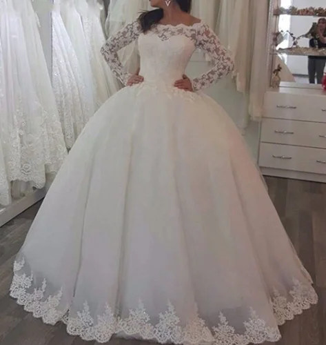 

Angelsbridep Boat Neck Ball Gown Wedding Dresses Luxury Appliques Long Sleeves Robe De Mariee Floor Length Corset Back Plus Size