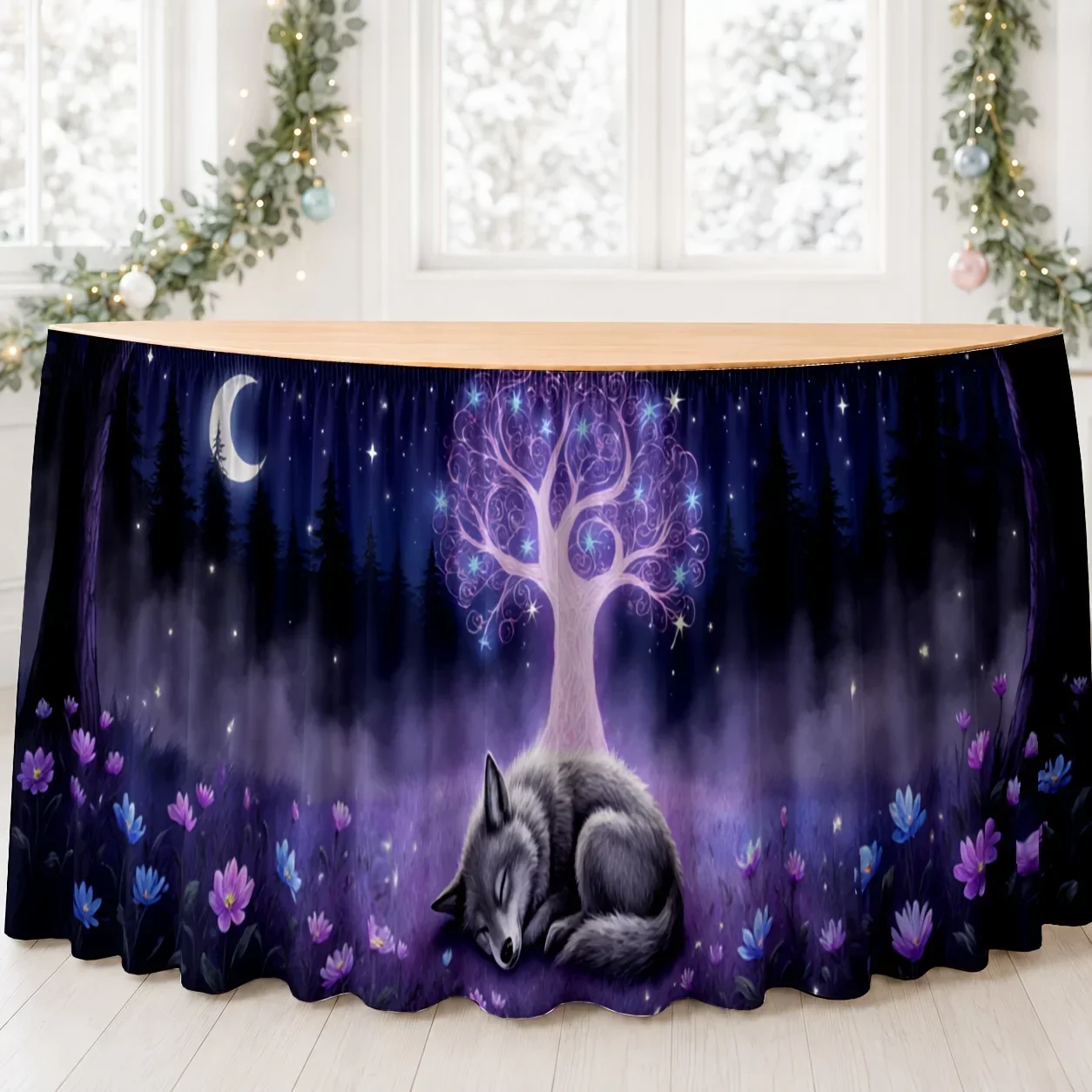 1 piece: The mysterious tree of life and the sleeping wolf beneath the crescent moon, surrounded by purple flowers and starsxzj