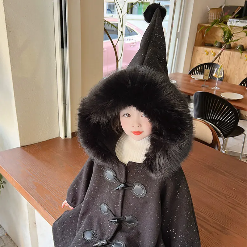 New Year Girl Coat Big Hair Collar Pointed Hat and Thick Coat 2024 New Winter Simple Casual Fashion Coat Korean Simple Style