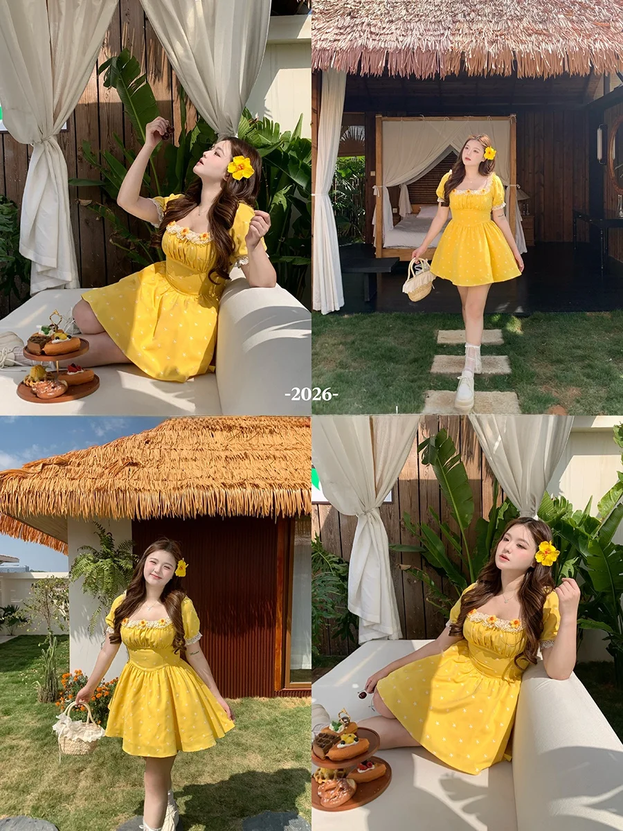 

Sweet Floral Print Dress Square Neck Puffy Sleeves Oxygen Lemon plus Size Girls Dress Waist Cinched A-Line Skirt