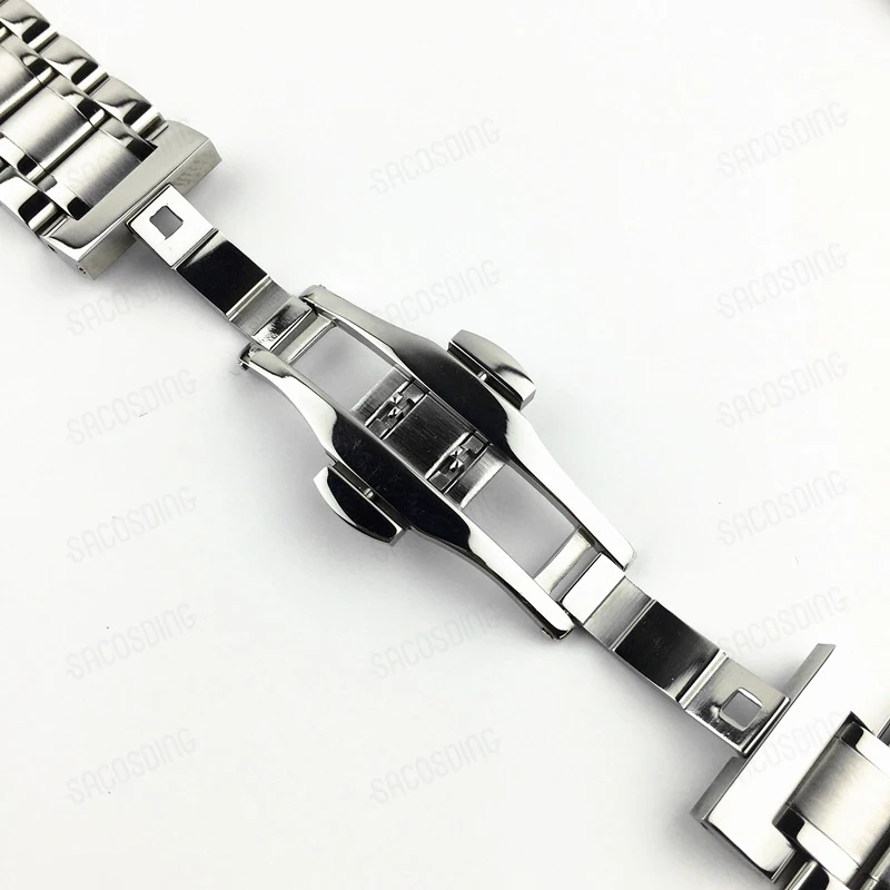 【SACOSDING】Solid Stainless Steel Watch Strap Double Press Butterfly clasp watch band 18mm 20mm 22mm Vacuum IP Plating（Silver）