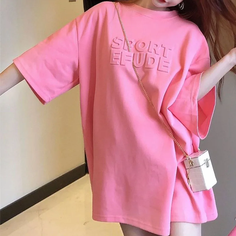 Women's Pink Oversized T-Shirt Dress 3D Letter Embroidery Loose Short Sleeve Casual Daily Comfortable Long Tee Dress