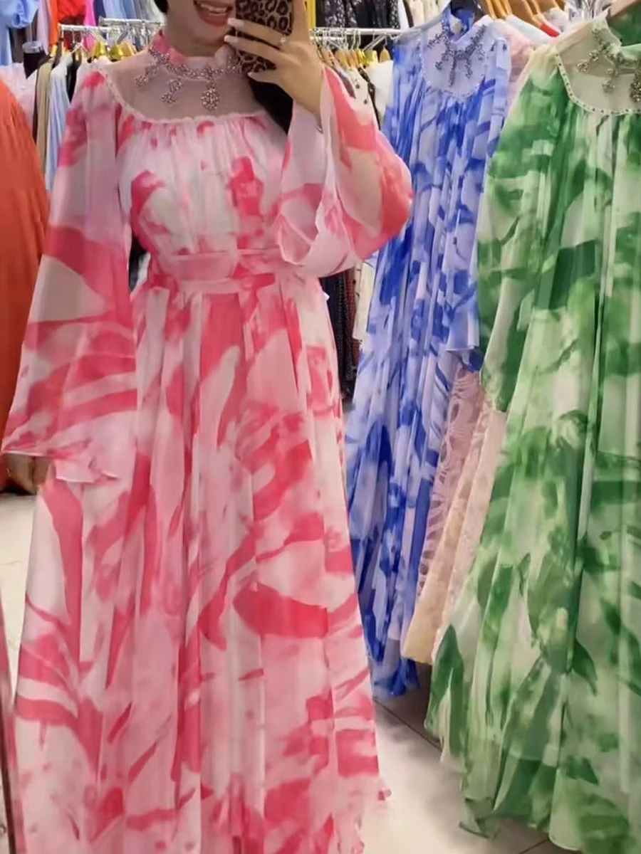 VGH Colorblock พิมพ์ Spliced Sheer ตาข่ายชุดผู้หญิงขาตั้งคอ Patchwork เพชรแขนยาวหลวมพับชุดหญิง