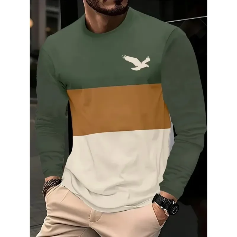 3D Printed Casual Long Sleeve New Men's Autumn Patchwork Striped Creative Print Comfortable Soft Round Neck T-Shirt Outdoor view 4