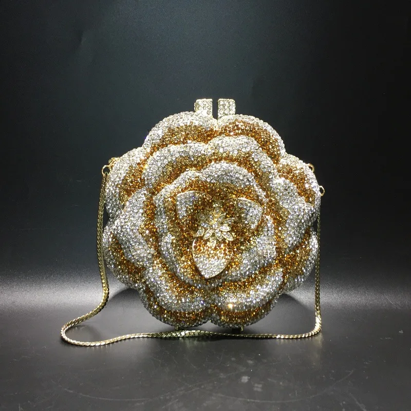 Women Flower Gold Stones Evening Bags Metal Floral Clutch Luxury Diamonds Clutches Bags Rhinestones Chain Shoulder Bag Handbags