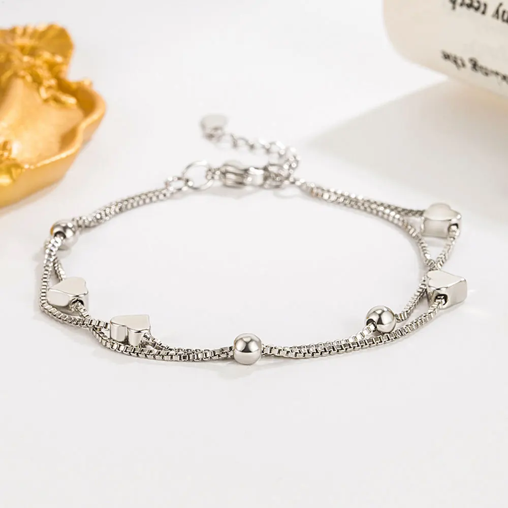 Hot Sale 925 Sterling Silver Charm Bracelet Double Layers with Extender Chain Nice Heart Design fit Birthday Valentines Day Gift