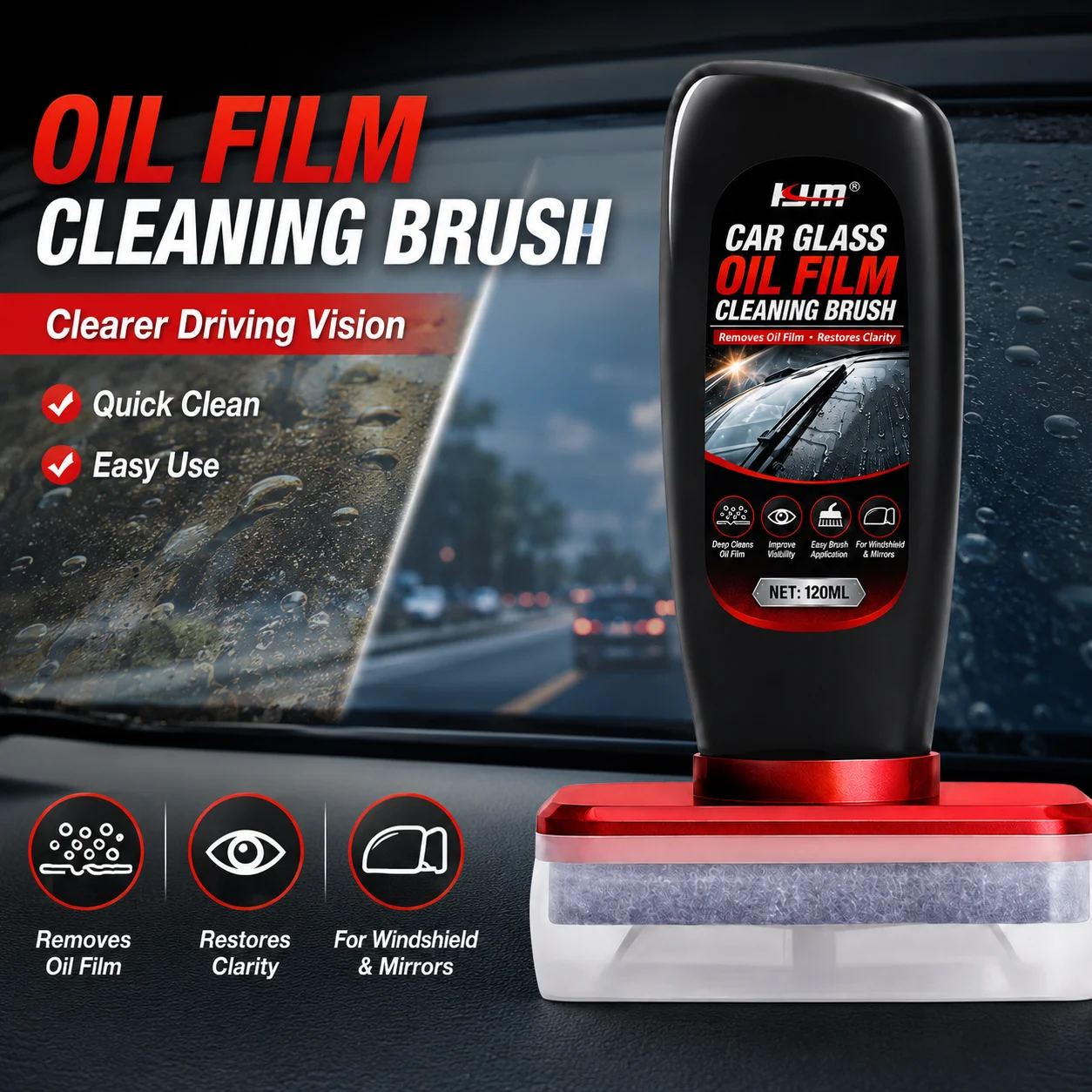 KJM Car Glass Oil Film Cleaner Windshield Anti Fog Rainproof Coating Remover Auto Window Cleaning Brush Glass Care Accessories
