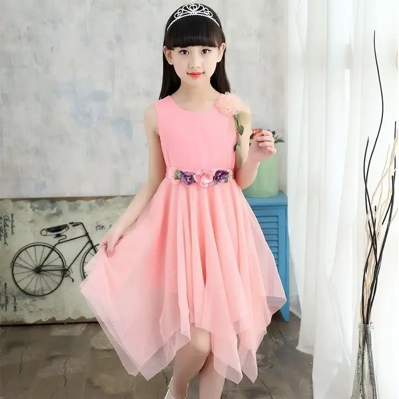 

2025 Summer Girls Dress Party Dresses Student Fashion 2-12 Years Old Kids Casual Sleeveless Floral Irregular Teens Dress Parties