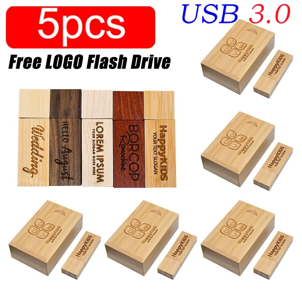 5PCS/LOT USB 3.0 Wooden USB+Box Pen drive 1PCS Free custom logo 4GB 16GB 32GB 64GB USB Flash Drive Pendrive Memory stick