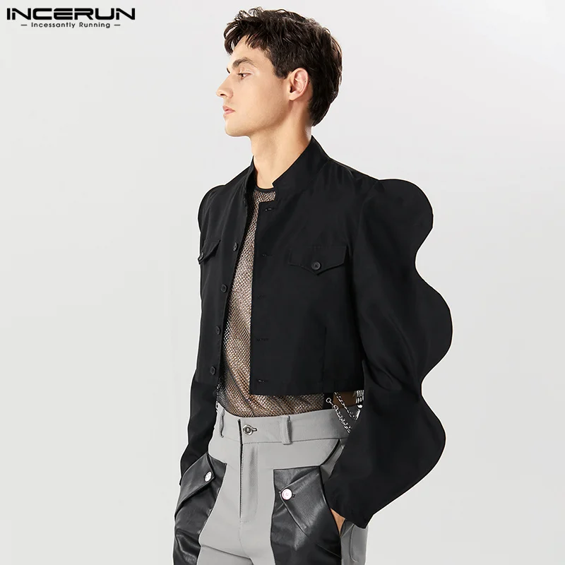 2023 Men Jackets Solid Stand Collar Petal Long Sleeve Thin Outerwear Streetwear Single Breasted Fashion Male Crop Coats INCERUN