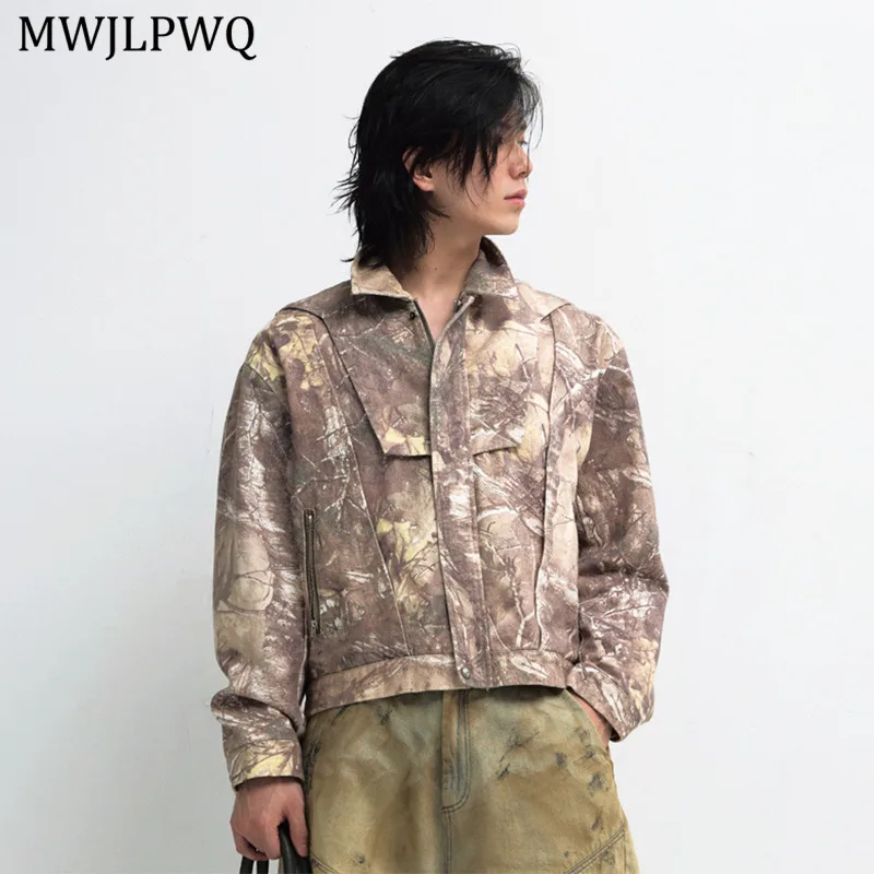 

MWJLPWQ Camouflage Branch Printed Lapel Workwear Jacket Male Zipper Niched Design Unisex Washed Cardigan Casual Loose Coat 11207